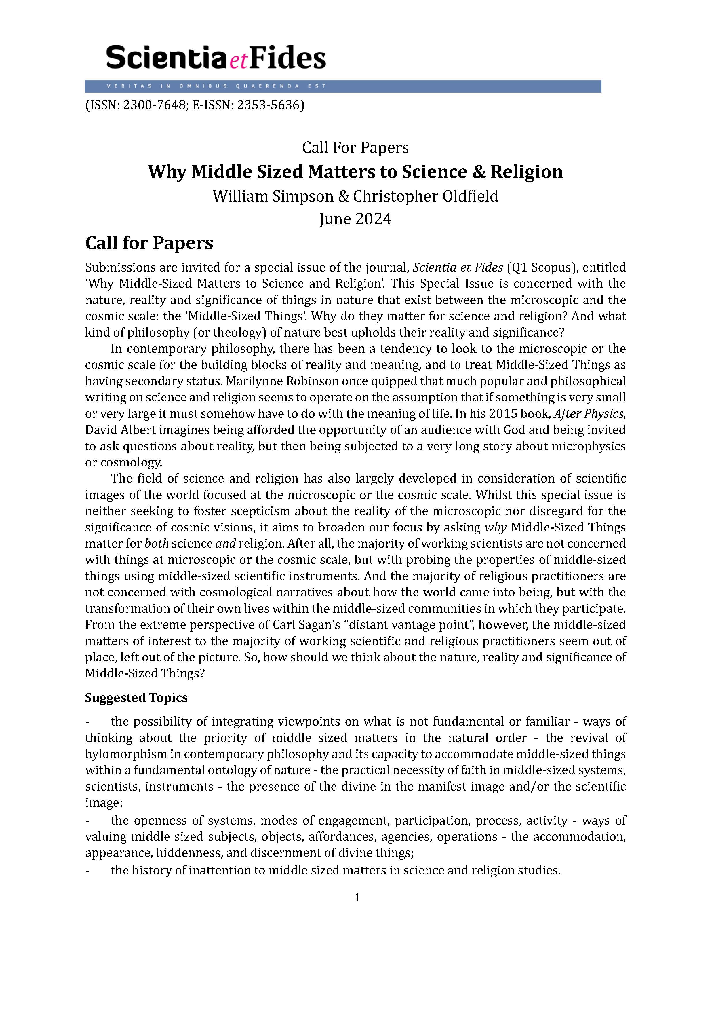 					View Call For Papers: Why Middle Sized Matters to Science & Religion
				
