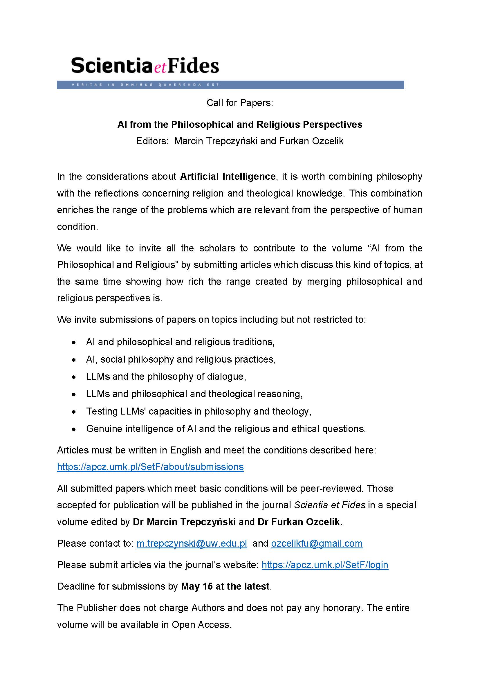 					View Call for Papers: AI from the Philosophical and Religious Perspectives
				